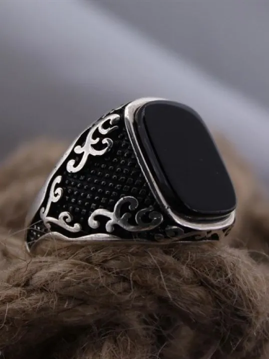 Siyah Oniks Taşlı Yanı İşli Özel Seri Erkek Gümüş Yüzük