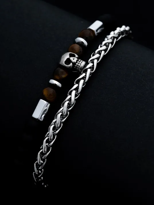 Erkek Çelik Bileklik - Kurukafa Motifli Boncuklu Çelik Bileklik