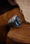 Anadolu Desenli Blue Topaz Aqua Marin Taşlı Yanı İşlemeli Erkek Gümüş Yüzük