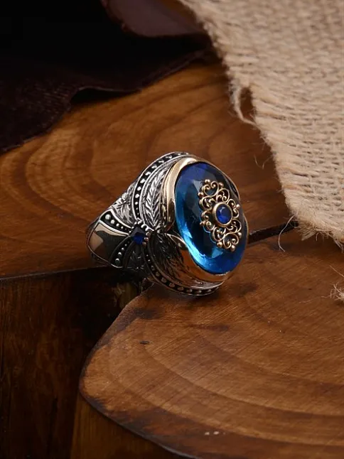 Anadolu Desenli Blue Topaz Aqua Marin Taşlı Yanı İşlemeli Erkek Gümüş Yüzük