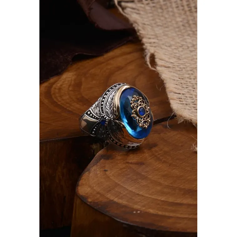 Anadolu Desenli Blue Topaz Aqua Marin Taşlı Yanı İşlemeli Erkek Gümüş Yüzük Anadolu Desenli Blue Topaz Aqua Marin Taşlı Yanı İşlemeli Erkek Gümüş Yüzük