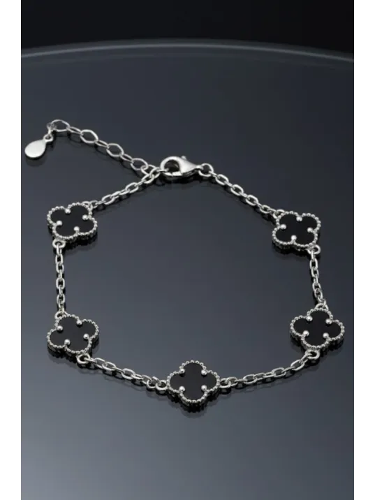Erkek 925 Ayar Gümüş Siyah Oniks Taşlı Yonca Model Zincir Bileklik