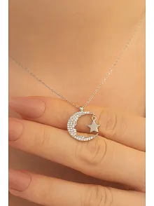 Kadın Gümüş Kolye - Ay Yıldız Zirkon Taşlı 925 Ayar Gümüş Kolye Gklayyldzgm-gms