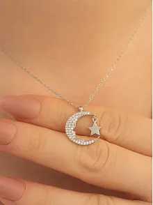Kadın Gümüş Kolye - Ay Yıldız Zirkon Taşlı 925 Ayar Gümüş Kolye Gklayyldzgm-gms