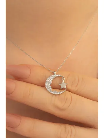 Kadın Gümüş Kolye - Ay Yıldız Zirkon Taşlı 925 Ayar Gümüş Kolye Gklayyldzgm-gms