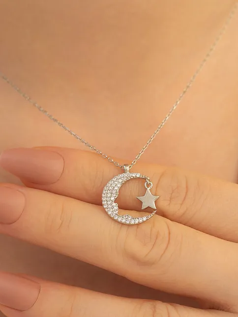 Kadın Gümüş Kolye - Ay Yıldız Zirkon Taşlı 925 Ayar Gümüş Kolye Gklayyldzgm-gms