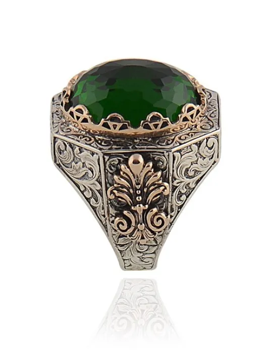 Yeşil Zirkon Taşlı İşlemeli Erkek Gümüş Yüzük GYZZRCNYESL-GMS