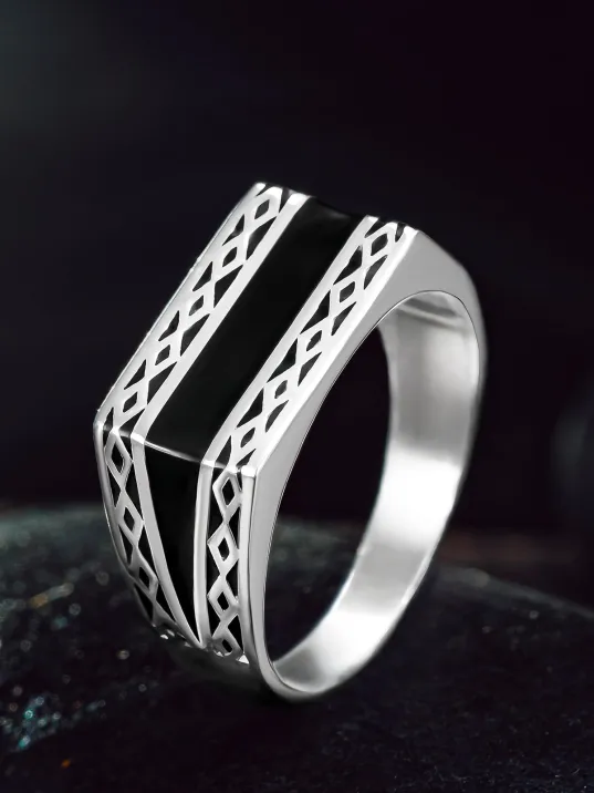 Erkek Gümüş Yüzük - Zincir Desenli Ortası Siyah Çizgili İnce Kibar Erkek Yüzük