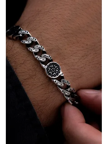 Erkek Gümüş Bileklik - Siyahzirkon Taşlı Geometrik Şekilli Oksitli Gurmet Model 1 Gümüş Bileklik