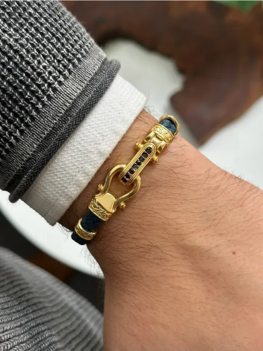 Erkek Lacivert Kordon Altın Kaplama Hakiki Deri Zirkon Taş İşlemeli Deri Bileklik