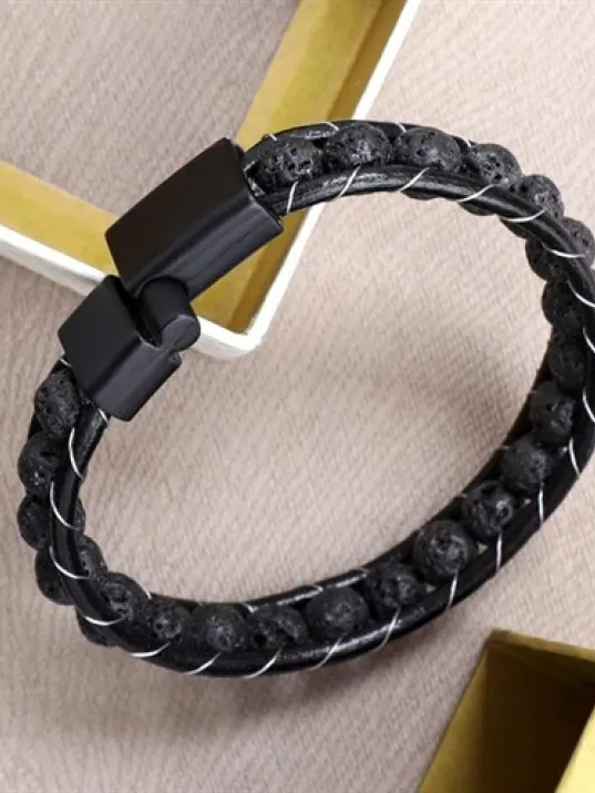 Lav Taşı Doğaltaş Erkek Deri Bileklik