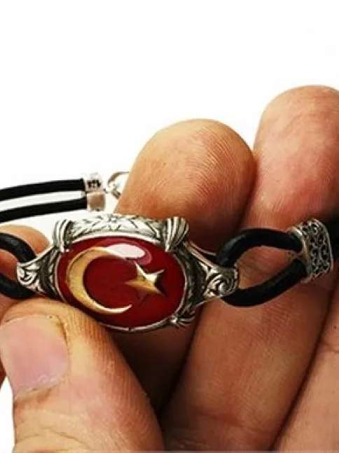 Ay Yıldız Türk Bayrağı Deri Gümüş Erkek Bayan Bileklik