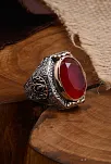 Yakut Garnet Taşlı Yanı Zirkon Taşlı İşlemeli Erkek Gümüş Yüzük