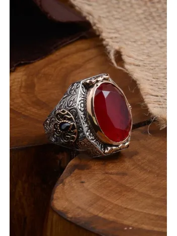 Yakut Garnet Taşlı Yanı Zirkon Taşlı İşlemeli Erkek Gümüş Yüzük