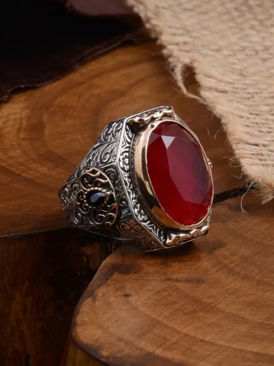 Yakut Garnet Taşlı Yanı Zirkon Taşlı İşlemeli Erkek Gümüş Yüzük