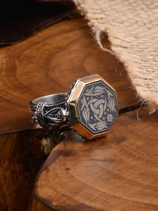 Sekizgen Model Teşkilat-ı Mahsusa Yanı İşlemeli Erkek Gümüş Yüzük