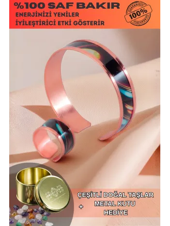 Kadın Bakır Bileklik Yüzük Set - Andrelina Model Özel Baskı Metal Kutu Ve Doğal Taşlar