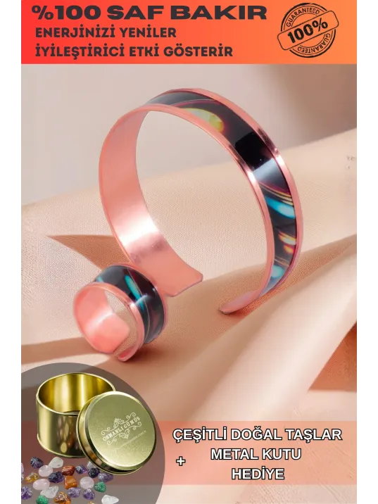 Kadın Bakır Bileklik Yüzük Set - Andrelina Model Özel Baskı Metal Kutu Ve Doğal Taşlar Kadın Bakır Bileklik Yüzük Set - Andrelina Model Özel Baskı Metal Kutu Ve Doğal Taşlar