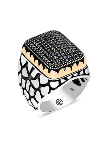 Rennes Siyah Zirkon Taşlı Yanı İşlemeli Özel Seri Erkek Gümüş Yüzük