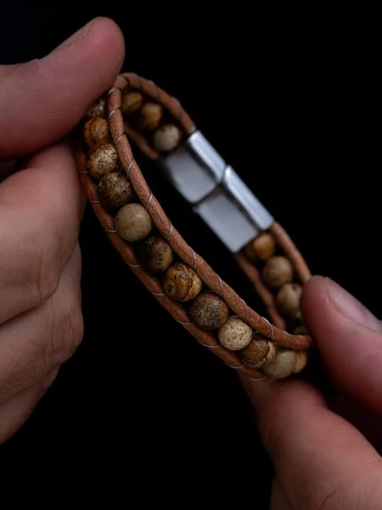 Jasper Doğaltaşlı Kadın Deri Ve Çelik Bileklik