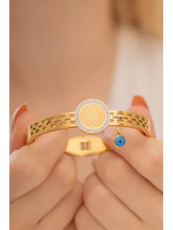 Kadın Bileklik-22 Ayar Gerçek Altın Kaplama(kararmaz) Çelik Kadın Kelepçe-Boncuklu Tuğra İşlemeli