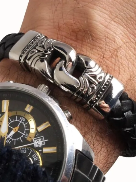 Ottoman Gotik Model Deri Çelik Erkek Bileklik DBLSYHHALKA