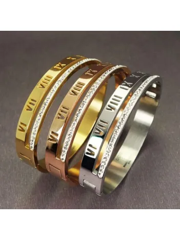 OttoMan Zirkon Taşlı Bayan Çelik Bileklik Kelepçe Modeli Roma Rakamlı