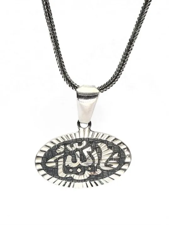 Kalem İşi Besmele Yazılı Erkek Gümüş Kolye Zincir