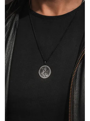 Steel Aether Siyah Çelik Erkek Kolye Yunan Tanrısı İşlemeli Yuvarlak Plaka Paslanmaz Kararmaz