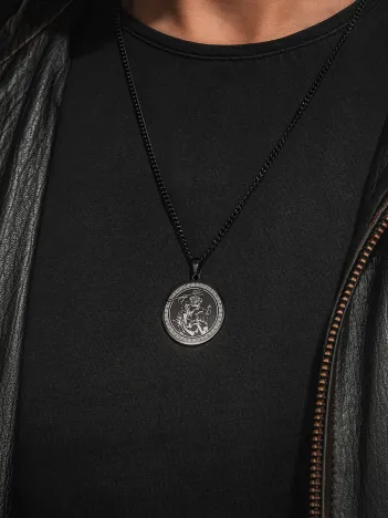 Steel Aether Siyah Çelik Erkek Kolye Yunan Tanrısı İşlemeli Yuvarlak Plaka Paslanmaz Kararmaz