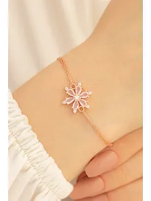 Pembe Taşlı Çiçek Model Rose Kadın Gümüş Bileklik