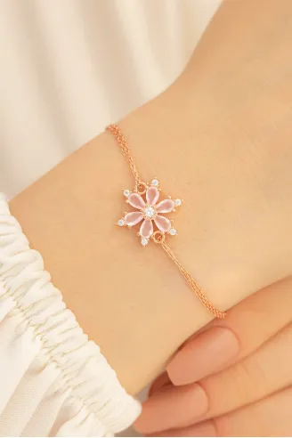 Pembe Taşlı Çiçek Model Rose Kadın Gümüş Bileklik
