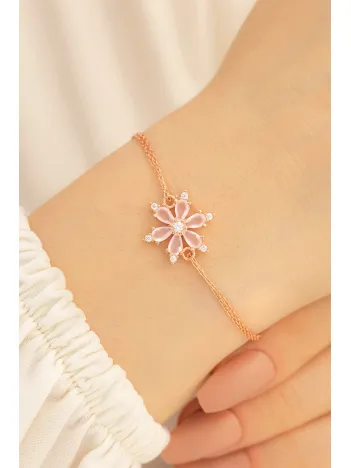 Pembe Taşlı Çiçek Model Rose Kadın Gümüş Bileklik