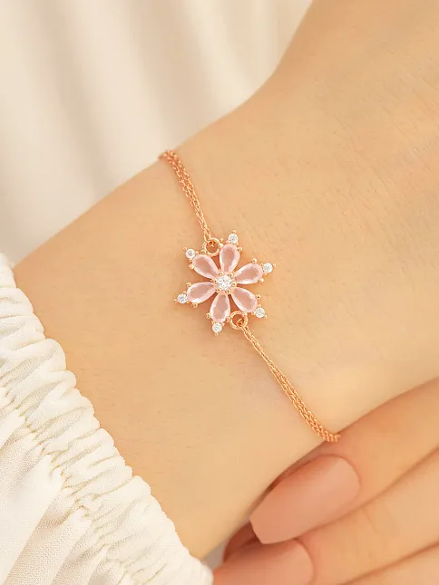 Pembe Taşlı Çiçek Model Rose Kadın Gümüş Bileklik