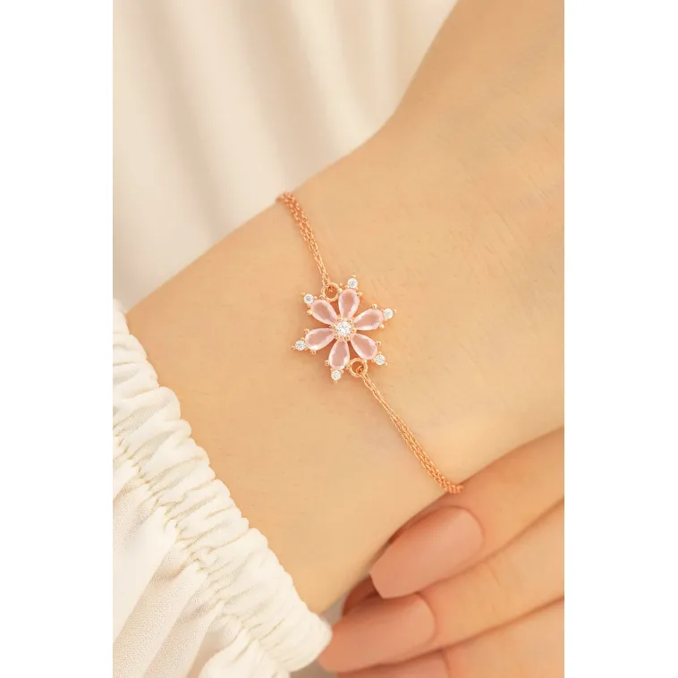 Pembe Taşlı Çiçek Model Rose Kadın Gümüş Bileklik