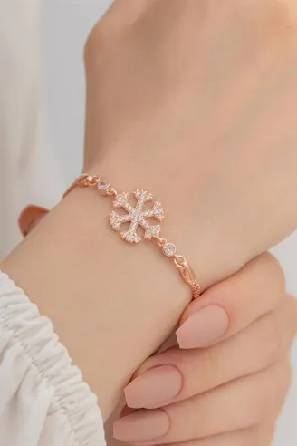 Kadın Gümüş Bileklik - Kar Tanesi Gümüş Bileklik Zirkon Taşlı Rose