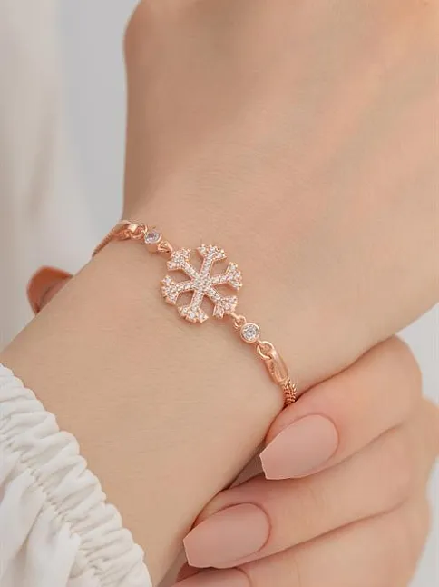 Kadın Gümüş Bileklik - Kar Tanesi Gümüş Bileklik Zirkon Taşlı Rose