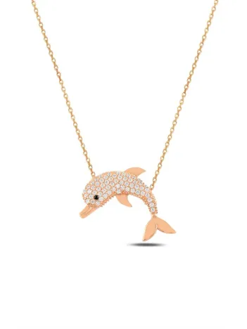 Zirkon Taşlı Rose Renk Yunus Figürlü Bayan Gümüş Kolye GKLYNSDGRM1-ROS