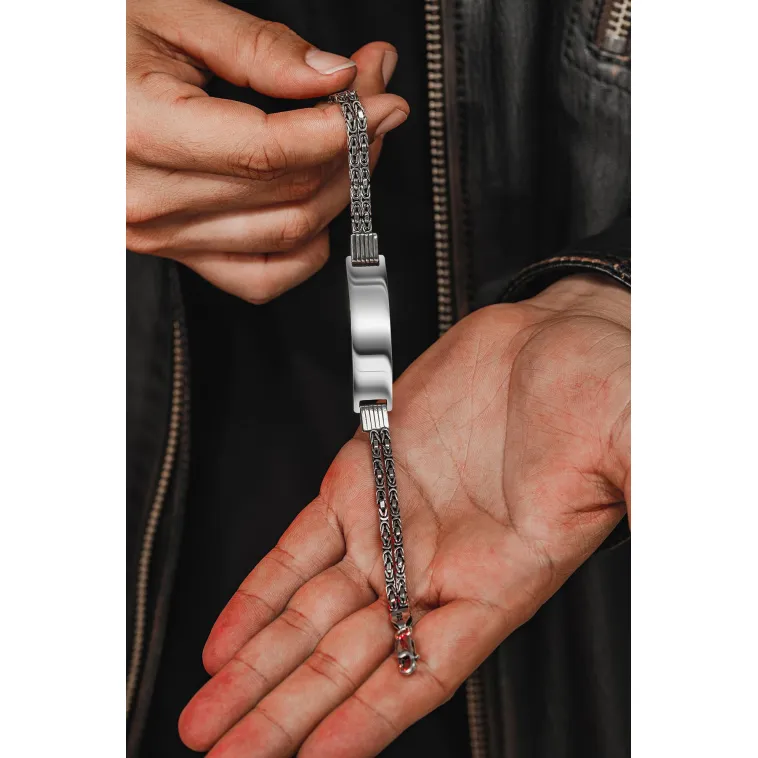 Erkek Gümüş Bileklik - İsim Yazılan 2.8 mm Çift Kare Kral Zincir Erkek Bileklik