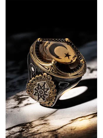 Erkek Sıkma Kehribar Taşlı Ay Yıldız İşlemeli  Gümüş Yüzük