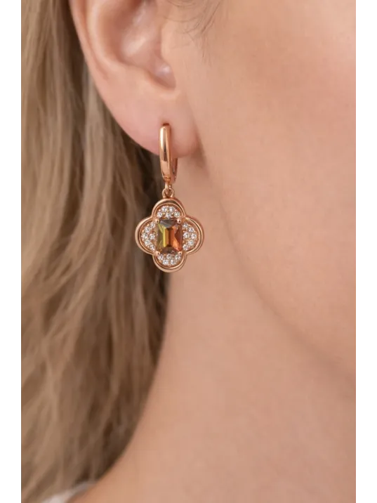 Kadın Gümüş Kolye Yüzük Küpe Set - Asalet Çiçeği Model Kare Zultanit Taşlı Rose Kaplama Set