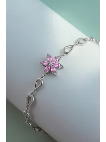 Kadın Gümüş Bileklik - Pembe Doğal Safir Taşlı Nergis Model Damla Motifli Gümüş Bileklik
