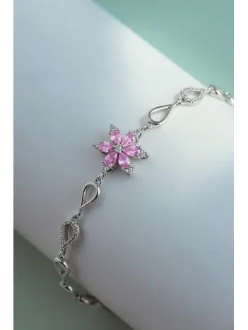 Kadın Gümüş Bileklik - Pembe Doğal Safir Taşlı Nergis Model Damla Motifli Gümüş Bileklik