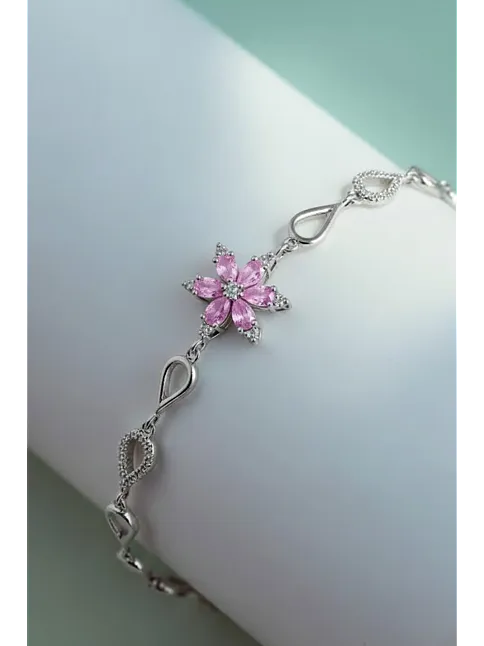 Kadın Gümüş Bileklik - Pembe Doğal Safir Taşlı Nergis Model Damla Motifli Gümüş Bileklik Kadın Gümüş Bileklik - Pembe Doğal Safir Taşlı Nergis Model Damla Motifli Gümüş Bileklik