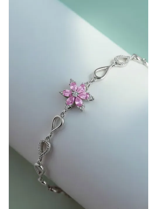 Kadın Gümüş Bileklik - Pembe Doğal Safir Taşlı Nergis Model Damla Motifli Gümüş Bileklik