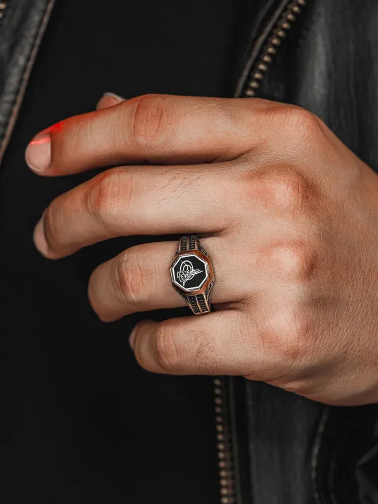 Erkek Gümüş Yüzük - Zirkon Taşlı Osmanlı Tuğrası İşlemeli Erkek Yüzük