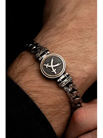 Erkek Gümüş Bileklik - Ortası Dönen Çift Zülfikar Kılıç Model Gurmet Zincir Gümüş Bileklik Künye