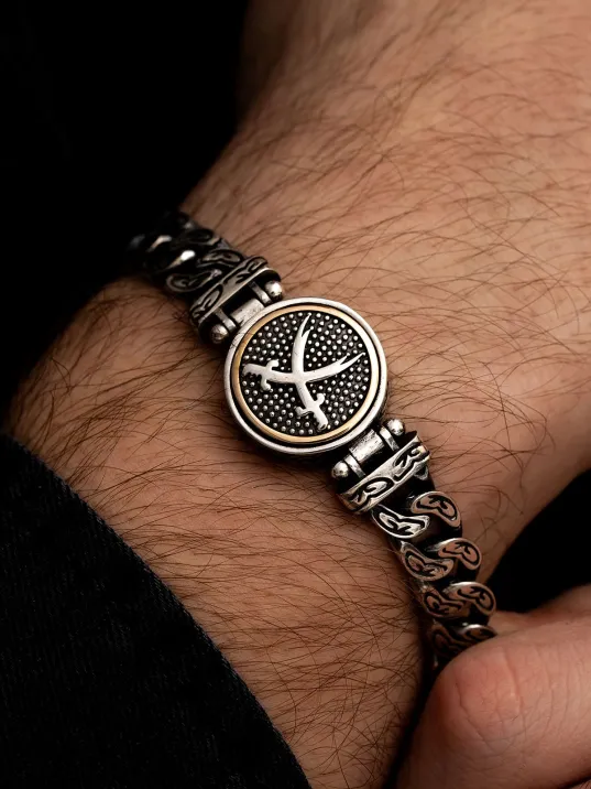 Erkek Gümüş Bileklik - Ortası Dönen Çift Zülfikar Kılıç Model Gurmet Zincir Gümüş Bileklik Künye