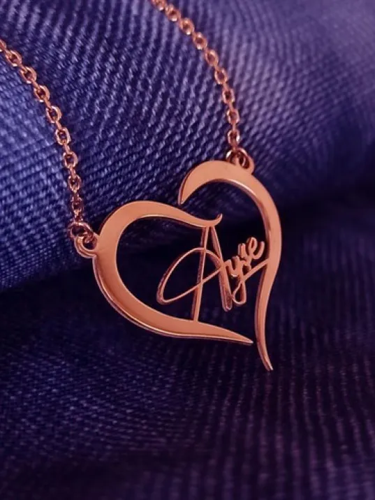 Kişiye Özel Kalp İçinde İmza İsim Yazılan Rose Renk Bayan Gümüş Kolye Zincir GKLROSISIMY