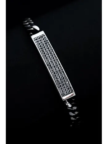 Erkek Gümüş Bileklik -Taç Mahal Oksitli Gurmet Zincir Beyaz Zirkon Taşlı Gümüş Bileklik